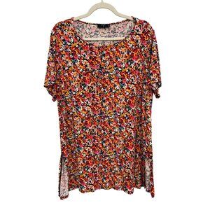 Tahari Tunic Top Size 2X Multicolor Floral Short Sleeve Round Neck Boho Multi